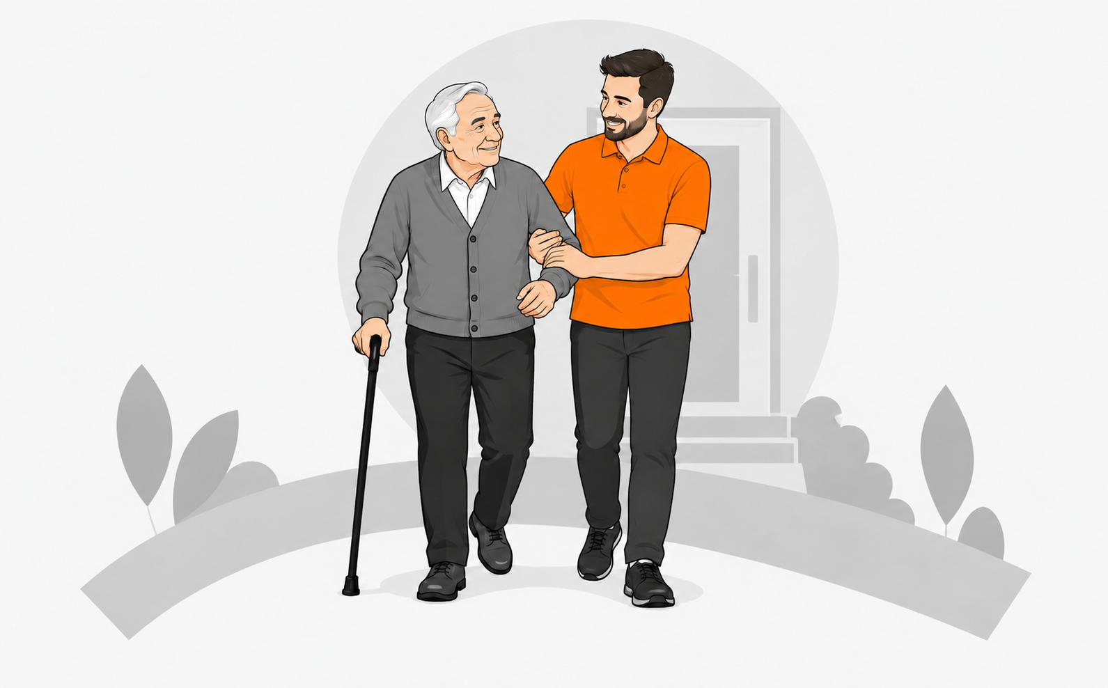 Illustration eines älteren Mannes mit Gehstock, der von einer Begleitperson am Arm unterstützt wird